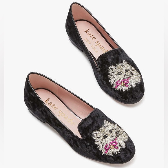 ♠️kate spade Lounge Whiskers Meow Cat Suede Loafers, Black Multi NIB - Picture 16 of 16